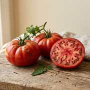Whole and cut red Beefsteak tomatoes showing juicy meaty flesh