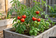 AI-generated illustration guided by the supplied Earliana reference, showing medium red slicing tomatoes on supported plants in a raised bed with a discreet AI label