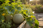 Scrumptious F1 melon growing on the vine in a raised bed garden