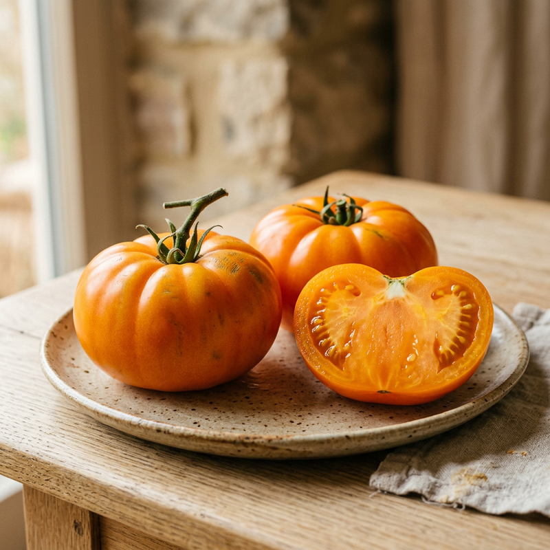 Whole orange Altai Orange beefsteak tomatoes beside a half showing meaty orange flesh