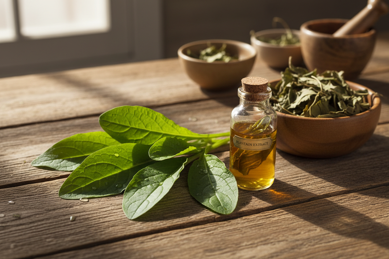 Fresh English Plantain leaves on rustic wood with herbal tincture jar and dried plantain herb