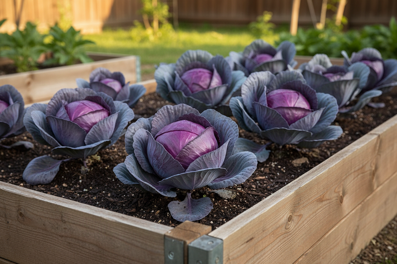 Red Express red cabbage growing in a wooden raised garden bed — compact medium-sized round heads with stunning deep purple-red color, very uniform and tight