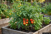 AI-generated illustration guided by the supplied Early Annie reference, showing red tomatoes on compact supported bush plants in a raised bed with a discreet AI label