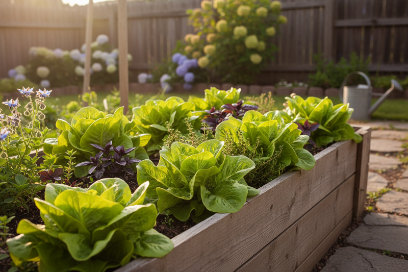 Royal Oakleaf green lettuce growing in a raised garden bed