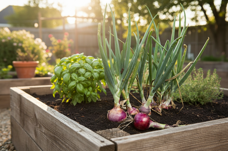 Red Burgundy onions growing in a wooden raised garden bed, flattened globe dark burgundy-red onions partially emerging from rich dark soil with green upright tops attached, warm natural daylight