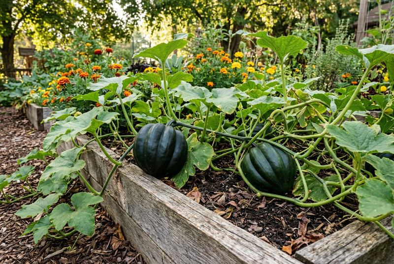 Dark green Ebony Acorn squash on rambling vines at the edge of a wooden raised bed