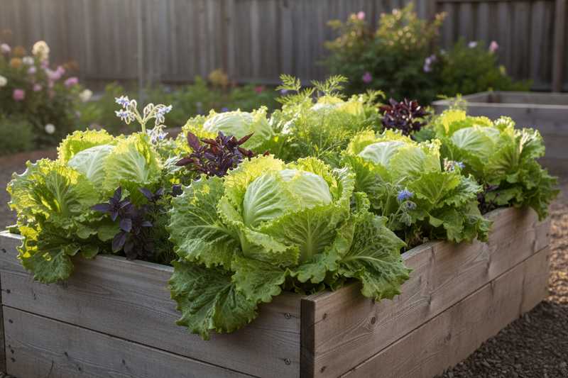 Iceberg Crisphead heirloom lettuce growing in a raised garden bed