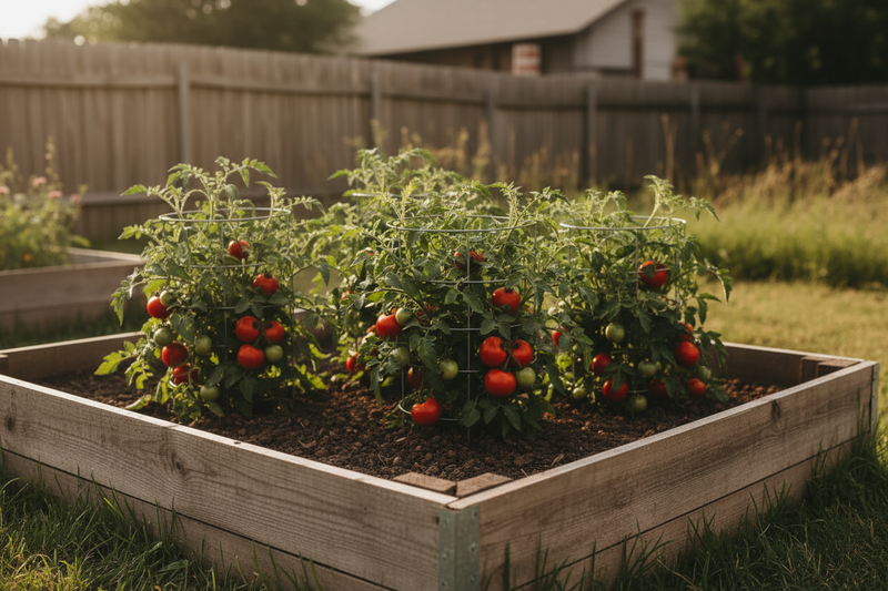 Four compact bushy Manitoba tomato plants growing in a wooden raised garden bed, short stocky plants with wire cages, moderate mix of ripe red and ripening green-orange tomatoes, warm natural daylight