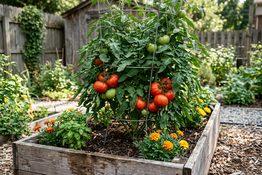 Supported Ace 55 tomato plant with red and green slicing tomatoes in a raised bed