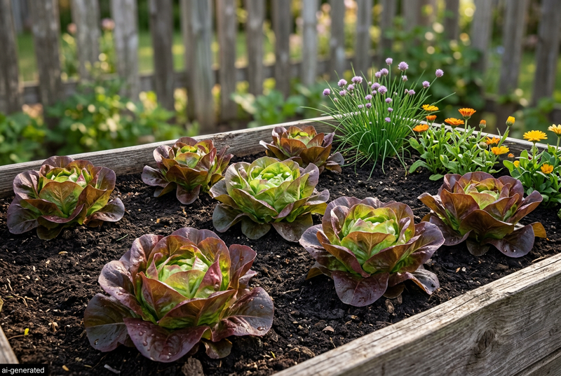 AI-generated garden illustration of Burgundy Boston butterhead lettuce with burgundy outer leaves and green centers growing in a wooden raised bed.