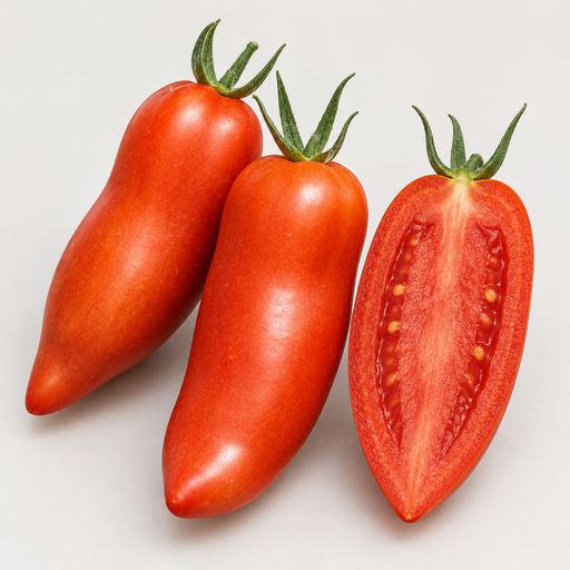Whole and lengthwise-cut Federle tomatoes showing meaty flesh and few seeds