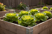 Buttercrunch butterhead lettuce growing in a wooden raised garden bed, compact round heads with pale yellow-green inner leaves and ruffled outer green leaves, warm natural daylight