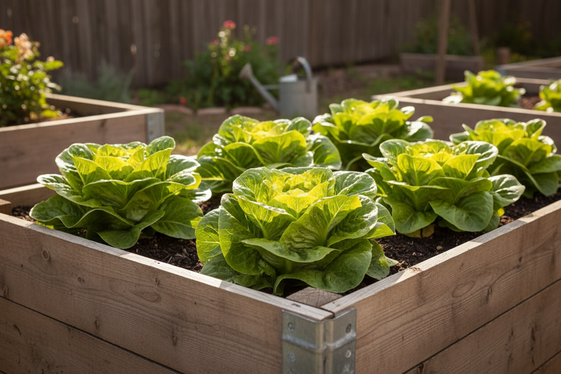 Buttercrunch butterhead lettuce growing in a wooden raised garden bed, compact round heads with pale yellow-green inner leaves and ruffled outer green leaves, warm natural daylight