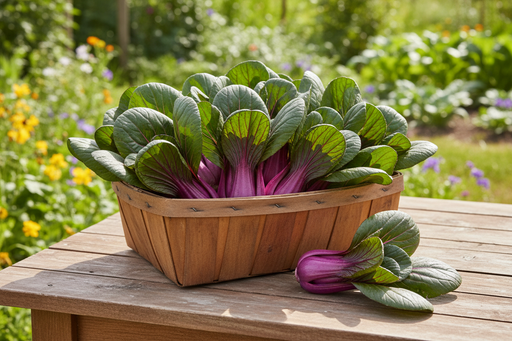 Freshly harvested Purple Gem pak choi heads with deep violet-purple stems and dark glossy leaves in a rustic wooden harvest basket