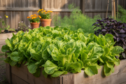 Black Seeded Simpson heirloom loose-leaf lettuce growing in a raised garden bed