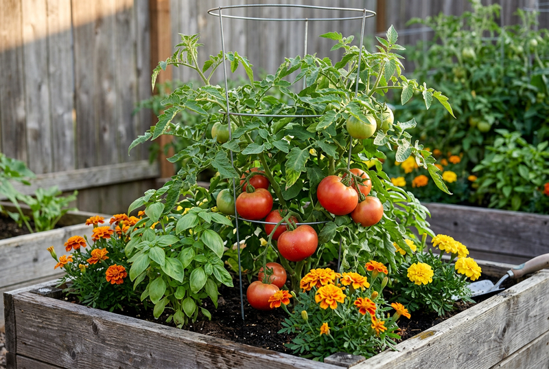 Supported bushy Cal Ace tomato plant with smooth red slicers in a raised bed