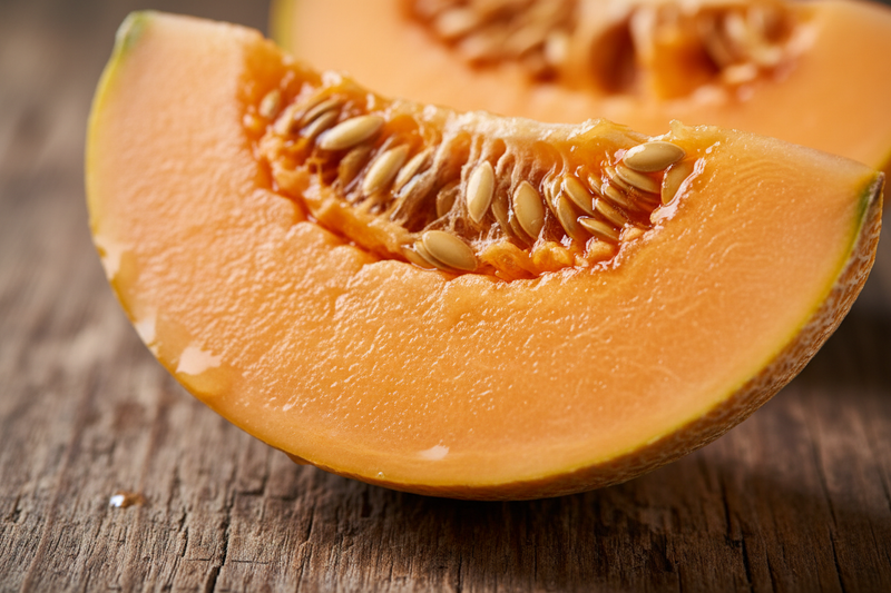Close-up of Scrumptious F1 melon sliced open showing vibrant orange flesh