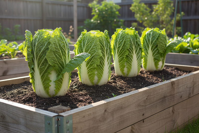 Three Matsushima No. 2 Chinese cabbage plants growing in a row in a wooden raised garden bed — tall narrow Michihili-type heads with lime green outer leaves and white stalks
