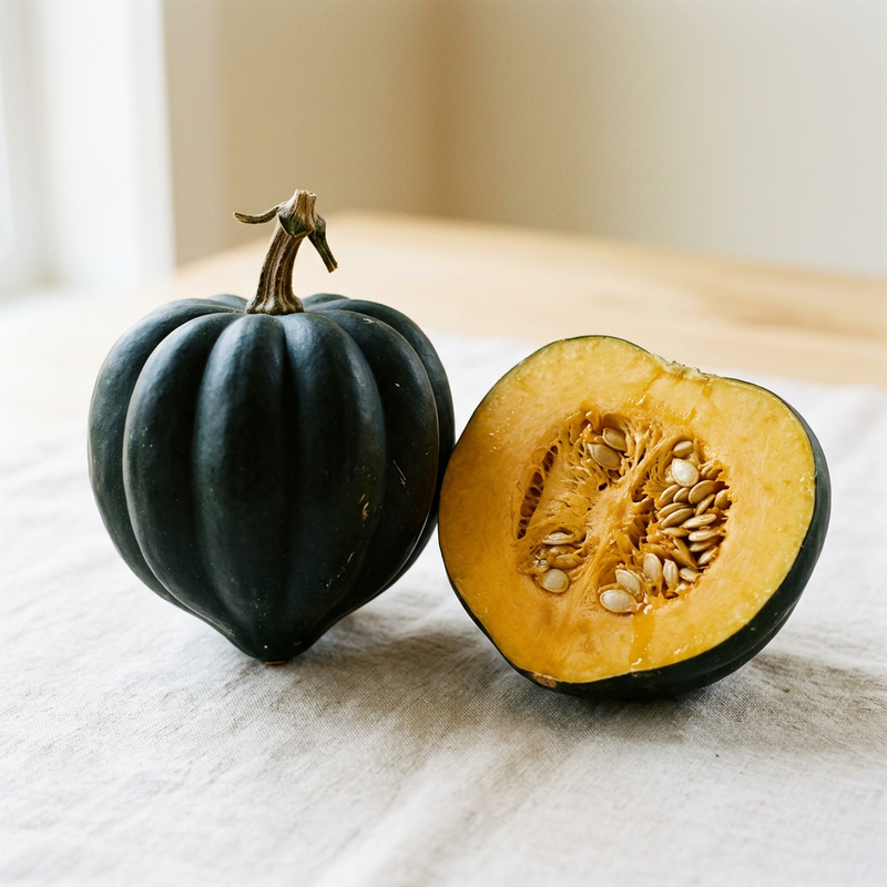 Whole dark ribbed Ebony Acorn squash beside a half showing golden orange-yellow flesh