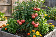 Caged bushy Bradley tomato plant with smooth pink fruit in a raised garden bed