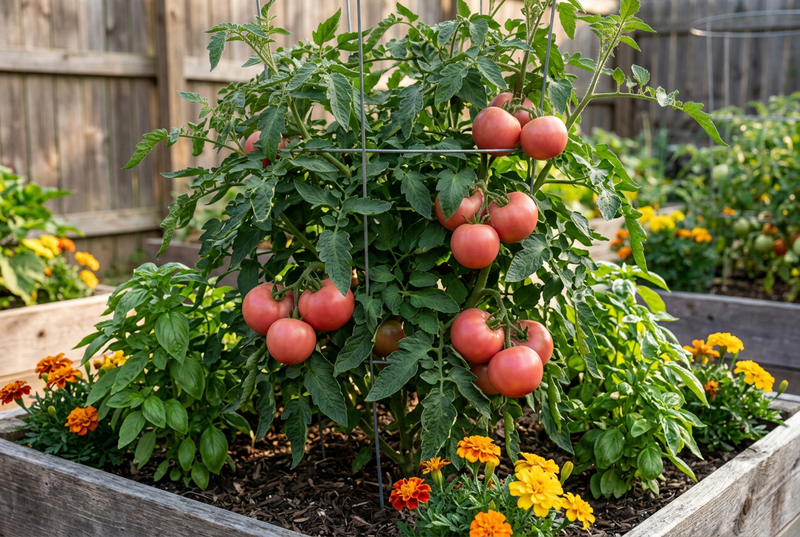 Caged bushy Bradley tomato plant with smooth pink fruit in a raised garden bed