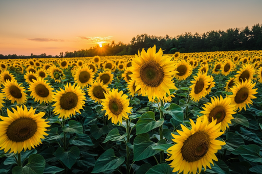Black Oil Sunflower field in full bloom at golden hour sunset