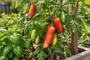 Elongated red Federle paste tomatoes on a supported plant in a raised-bed garden