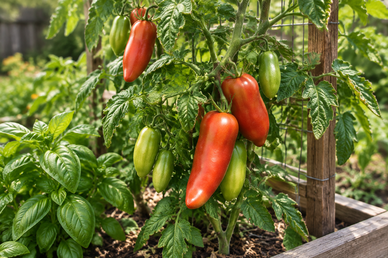 Elongated red Federle paste tomatoes on a supported plant in a raised-bed garden