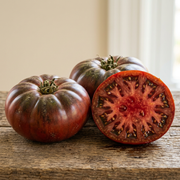 Whole and cut dusky mahogany Black Brandywine tomatoes showing meaty red flesh