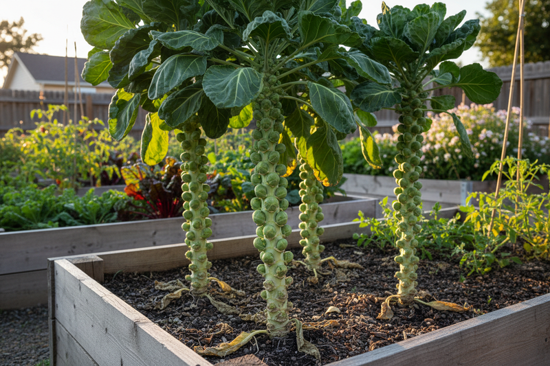 Long Island Improved Brussels sprouts plants in a raised garden bed with firm light green sprouts densely packed on sturdy stalks close to harvest