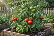 AI-generated illustration guided by the supplied Creole reference, showing round red slicing tomatoes on supported vines in a raised bed, with a discreet AI-generated image label