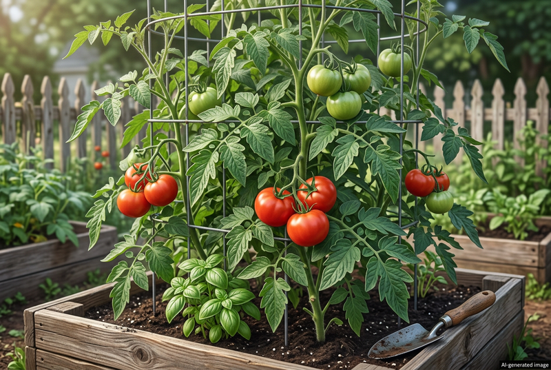AI-generated illustration guided by the supplied Creole reference, showing round red slicing tomatoes on supported vines in a raised bed, with a discreet AI-generated image label
