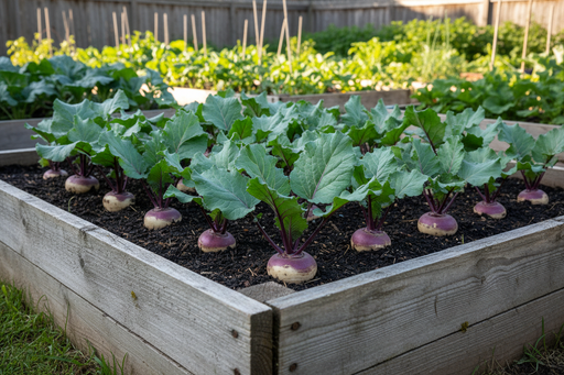 American Purple Top rutabaga plants growing in a rustic wooden raised garden bed, squat round roots with purple shoulders and cream-yellow lower skin peeking above soil, blue-green brassica foliage above, warm natural daylight