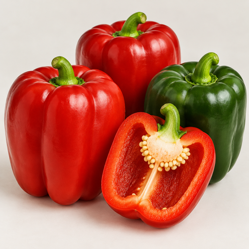 Whole green and red Autumn Bell sweet peppers with a cut red pepper showing its interior