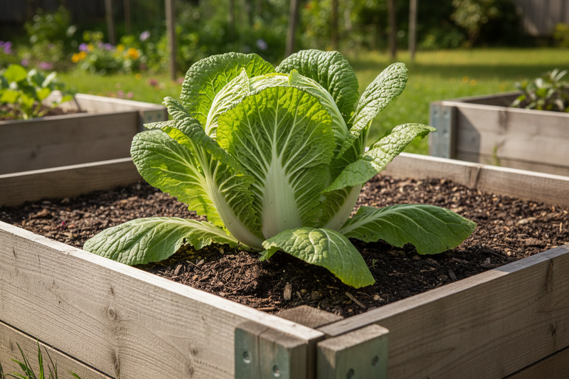 Aichi Chinese cabbage growing in a wooden raised garden bed — large barrel-shaped head with light green leaves and bright white succulent midribs