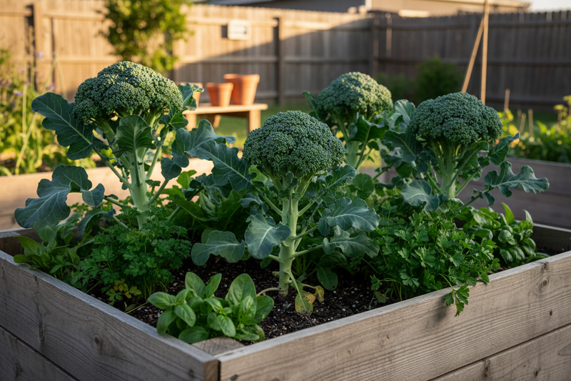 Waltham 29 broccoli plants growing in a raised garden bed with companion plants, close to harvest with tight blue-green heads