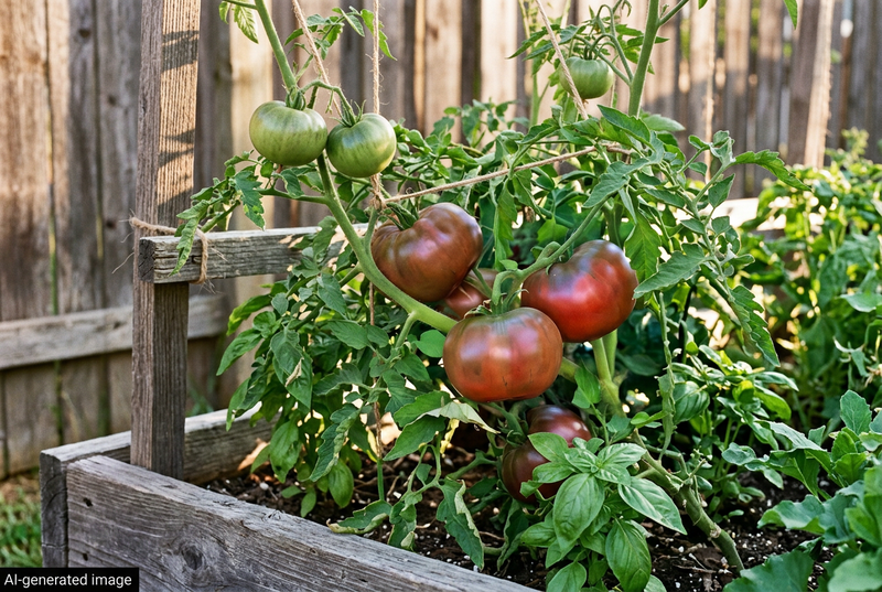 AI-generated illustration of supported Cherokee Purple-type tomato vines in a raised bed, with a discreet AI-generated image label