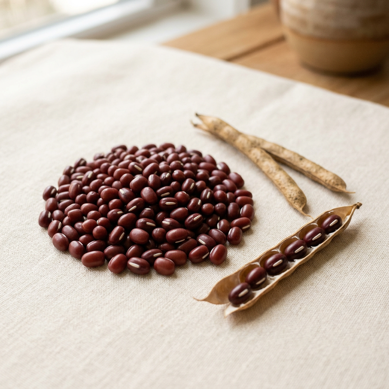 Small red adzuki beans with pale seed scars beside dry tan pods