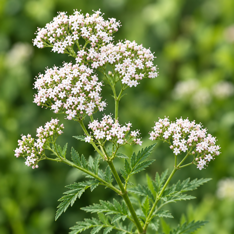 Valerian herb close-up showing large flat-topped umbel clusters of tiny delicate white to pale pink flowers with fine green stems against soft garden bokeh background