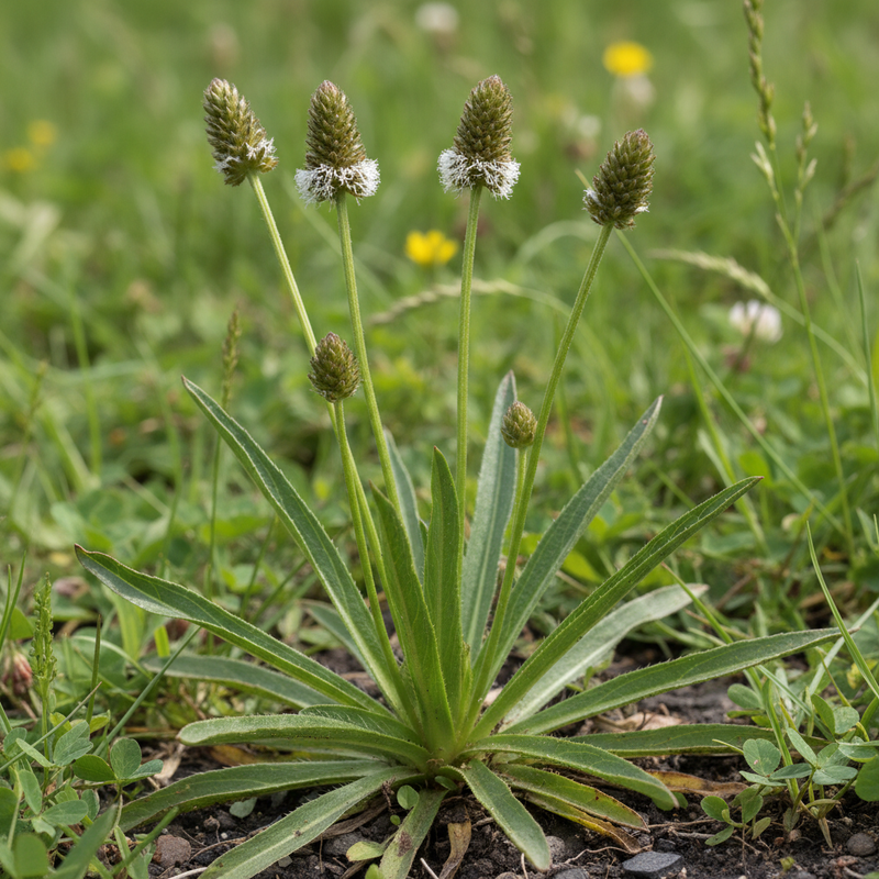 English Plantain rosette with long narrow ribbed leaves and slender flower spikes with white stamen rings