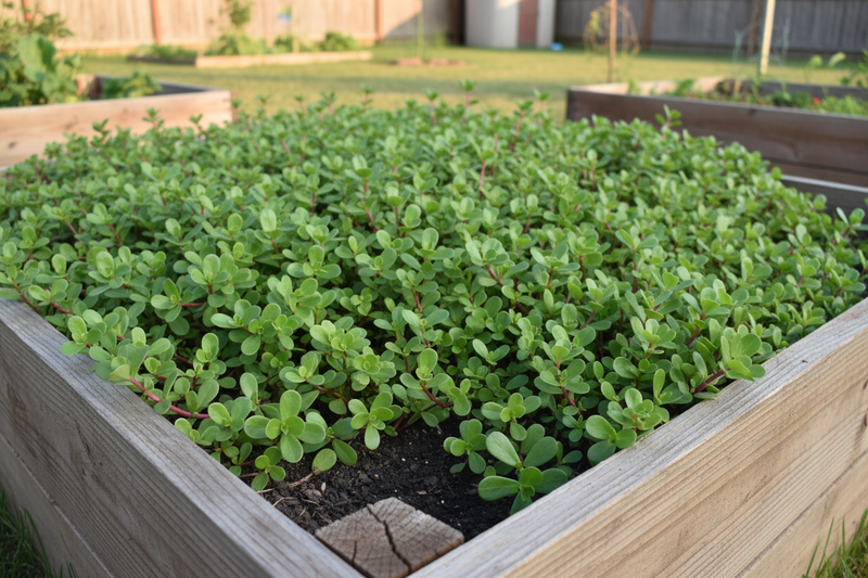 Green purslane plants growing in a wooden raised garden bed, low sprawling succulent stems with thick fleshy oval bright green leaves and reddish-pink stems, warm natural daylight