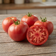 Whole red Burgundy Traveler tomatoes with a cut half showing meaty juicy red flesh