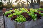 Gourmet lettuce mix growing in a wooden raised garden bed, colorful mix of red and green leaf, oakleaf, and Bibb-style lettuces growing together, warm natural daylight