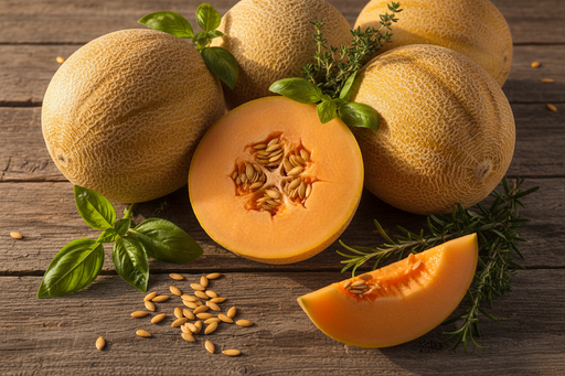 Harvest flat lay of whole and sliced Scrumptious F1 melons on a rustic wooden table