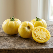 Whole and cut lemon-yellow Azoychka tomatoes showing juicy yellow flesh