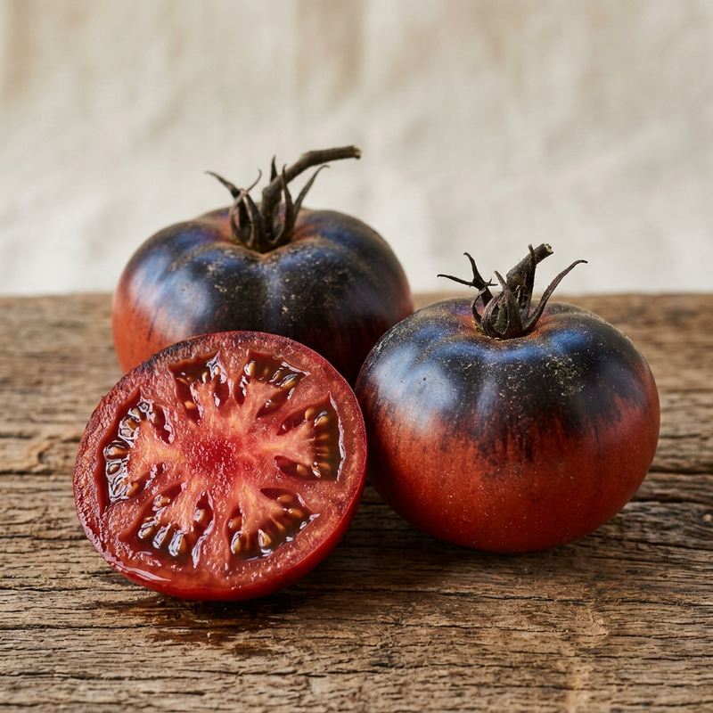 Whole and cut Black Beauty tomatoes showing dark skin and deep red flesh