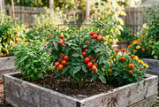 Compact supported Bellstar tomato plant with red paste tomatoes in a raised bed