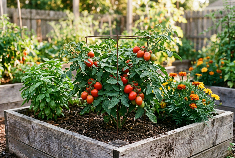 Compact supported Bellstar tomato plant with red paste tomatoes in a raised bed