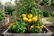 Supported Azoychka vine bearing lemon-yellow slightly flattened tomatoes in a raised bed