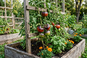 Black Beauty tomatoes with dark purple shoulders and red ripening undersides on a supported vine
